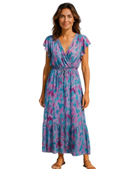 Vestido longo com decote transpassado e babados nos ombros e na barra lagoon