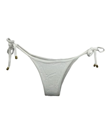 Tanga de biquíni com amarração na lateral com laços e ponteira renda branca tribal
