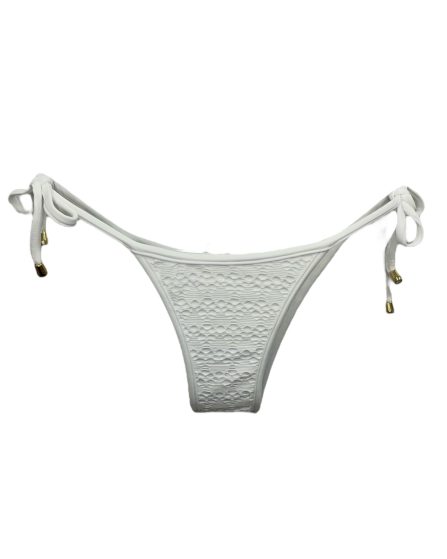 Tanga de biquíni com amarração na lateral com laços e ponteira renda branca coração