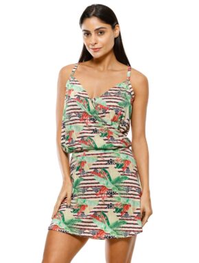 Vestido curto com alça fina e transpassado na frente Ekos