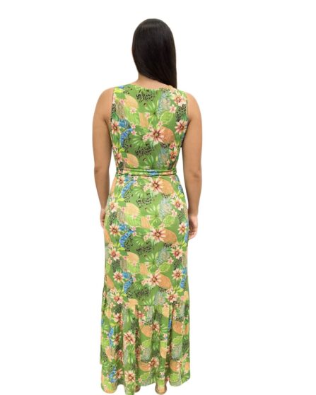 Vestido Longo transpassado com amarração e babado na saia Sem Manga Groove - Imagem 3