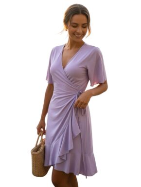 Vestido Transpassado curto com babados Lilás UV