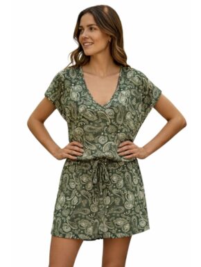 Vestido curto com amarração na cintura e decote V Pailsey