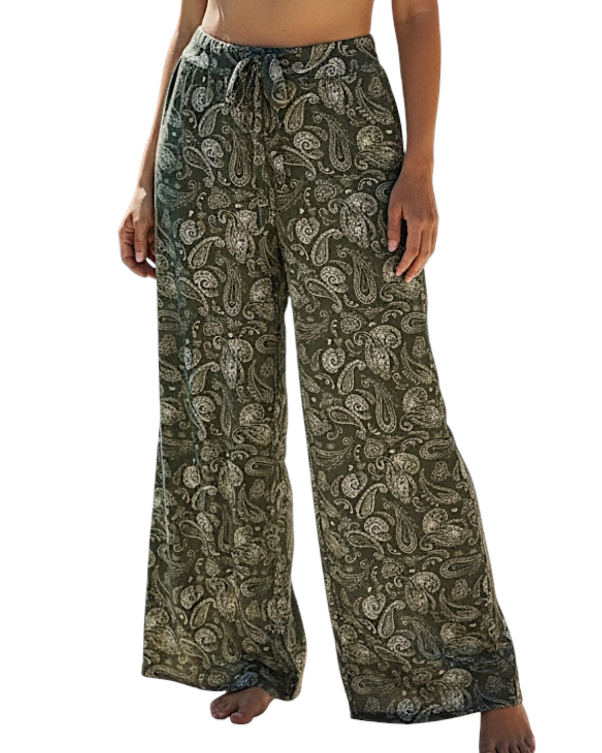 Calça pantalona com amarração na cintura Paisley